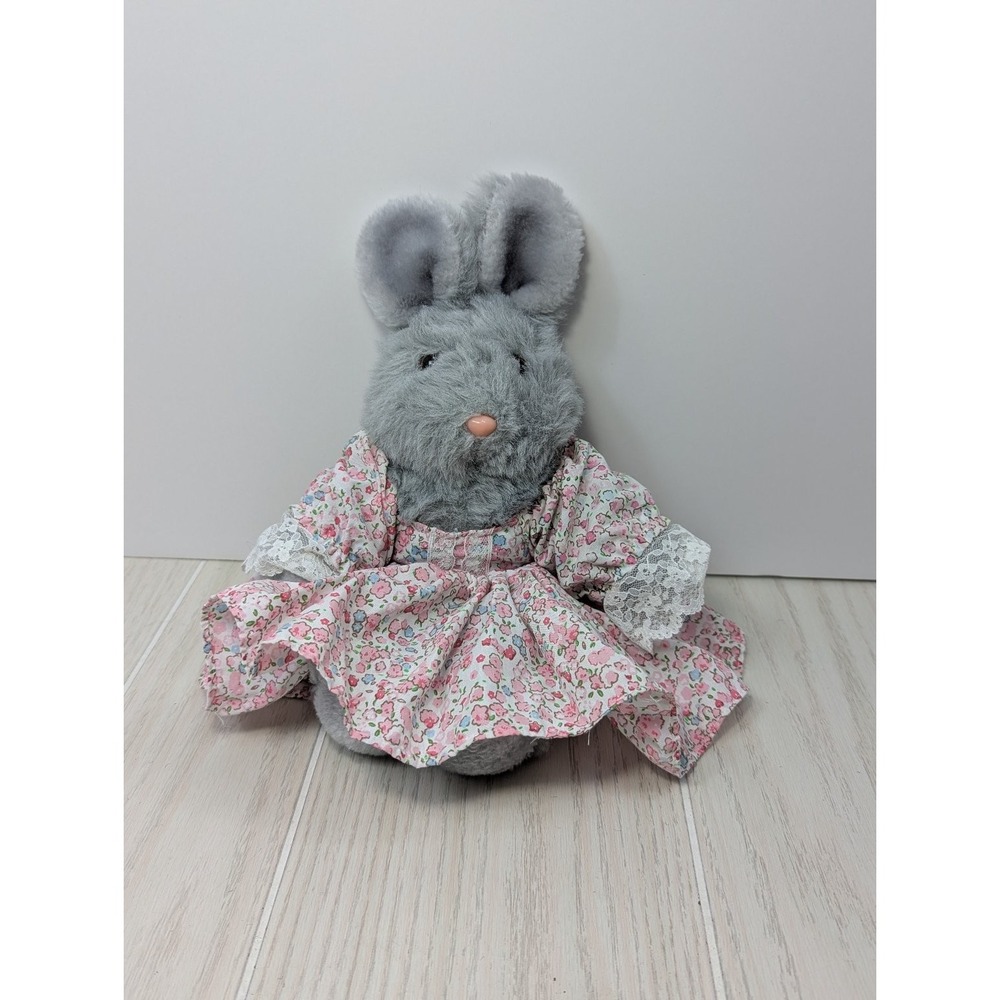 Easter Pets Grey Bunny Plush Stuffed Animal Pink Floral Dress vintage - Picture 1 of 9